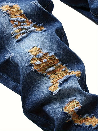 Men's Slim Fit Jeans - Classic Wash Distressed Streetwear