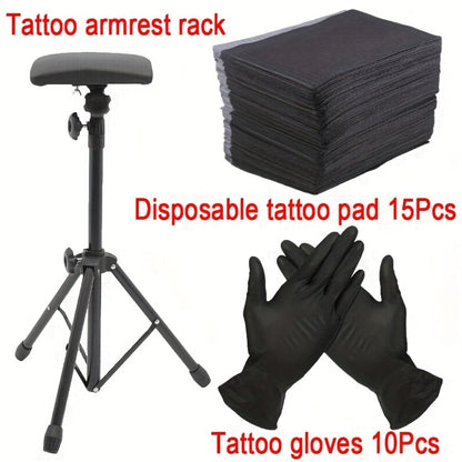 Tattoo Armrest Stand Adjustable Tripod with 15 Disposable Pads & 10 Gloves — 180° PU Padded Arm Leg Rest Portable Collapsible Support for Tattoo Studio Salon & Beginners
