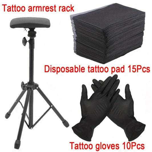 Tattoo Armrest Stand Adjustable Tripod with 15 Disposable Pads & 10 Gloves — 180° PU Padded Arm Leg Rest Portable Collapsible Support for Tattoo Studio Salon & Beginners