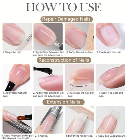 Nail Extension Builder Gel 3pcs - Fiberglass Construction Gel for Broken Nail Repair & Nail Extension, Clear UV LED Soak-Off Fiber Glass Gel Varnish, DIY Salon Nail Kit