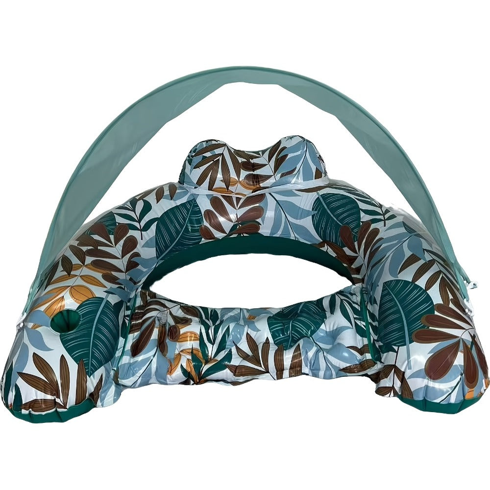 Inflatable Pool Lounger with Canopy for Adults – Tropical Leaf Floating Chair with Cup Holder & Sun Shade, Summer Pool Beach Lake Water Toy, Birthday Gift for Women Men (Green & Blue)