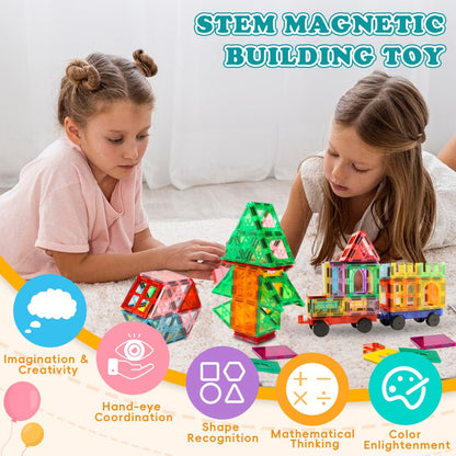 Magnetic Tiles for Kids 80/106/136pcs with 2 Cars – STEM Magnetic Building Blocks Construction Toy Set, Crystal Clear ABS, Sensory Learning Toy for Boys Girls Ages 3 4 5 6 7 8 9+, Birthday Christmas Gift