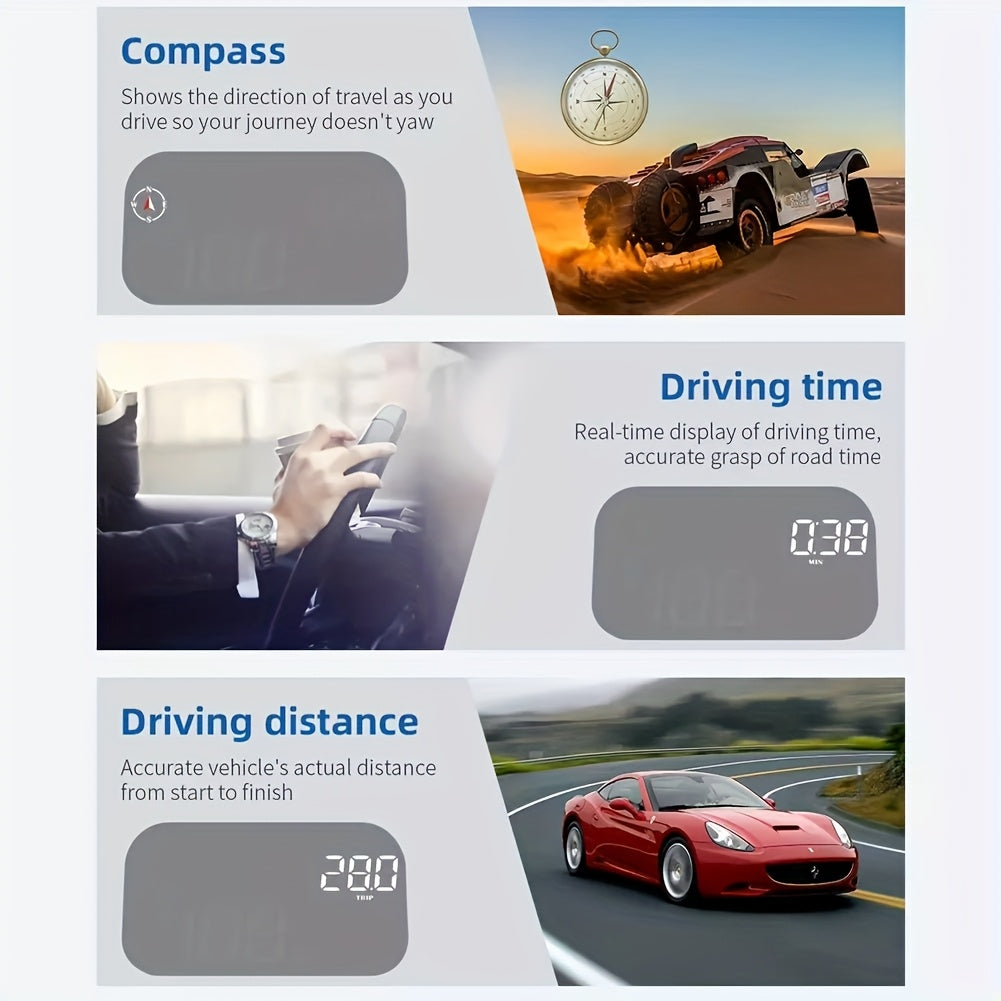 Digital Head Up Display, Windshield Speedometer Projector with Compass, Overspeed Alarm, Mileage Per Trip, Auto Brightness, Compass Direction, HUD Speed Meter Gadgets for Car for All Vehicles, USB Cable Plug & Play