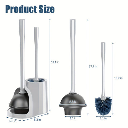 Toilet Plunger and Bowl Brush Combo Set for Bathroom Cleaning - Heavy Duty Plunger with Holder & Toilet Brush with Caddy, 2-in-1 Bathroom Cleaning Set, Gray, Compact Storage for Home Bathroom