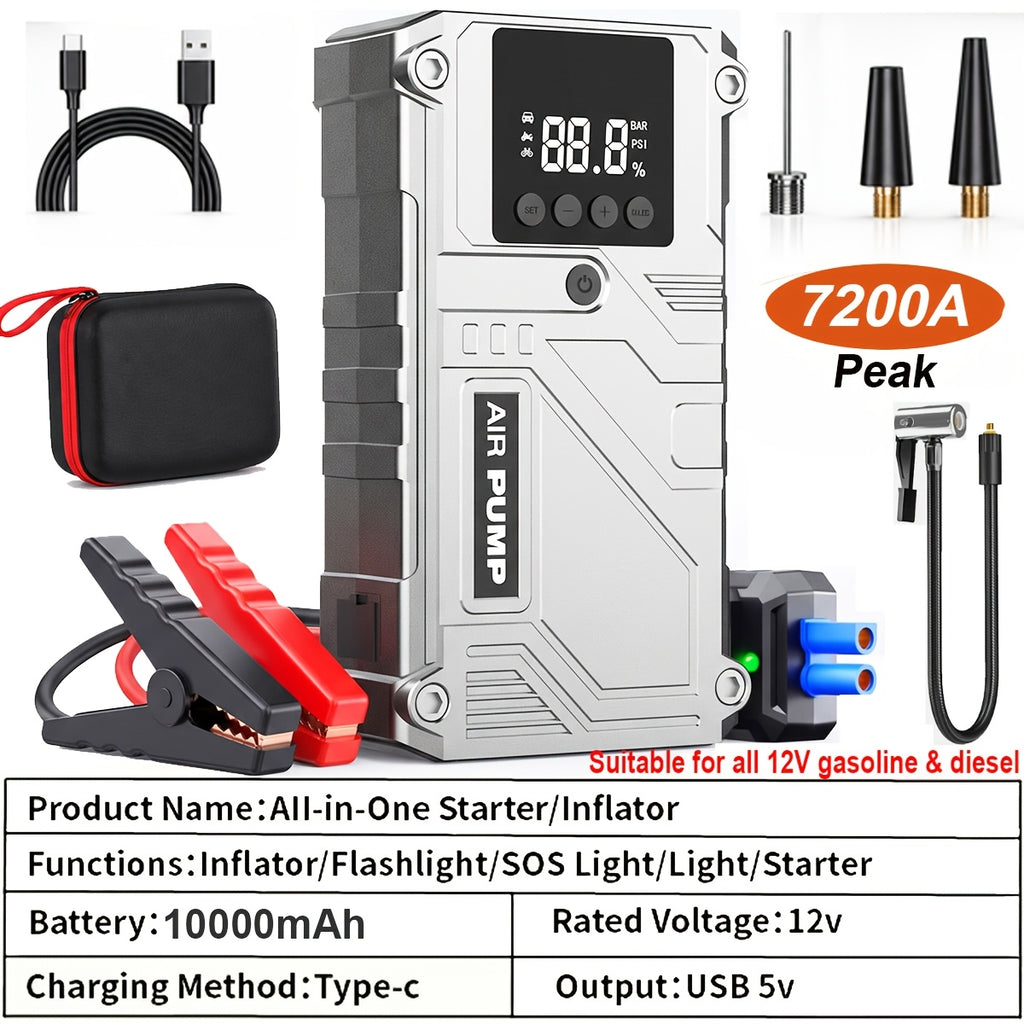 10000A 7-in-1 Multifunctional Emergency Start Power Supply, 150PSL Portable Car Battery Starter, Digital Tire Inflator, Suitable for 2.64 Gallon Gasoline Or 2.38 Gallon Diesel Batteries, LED Emergency Light, Car Accessory Tool.
