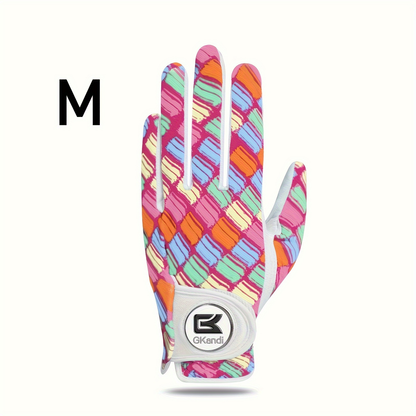 Women's Golf Gloves Left Hand with Ball Marker – All-Weather Grip Leather Golf Glove for Ladies Right-Handed Golfers, Colorful Design, Sizes S M L – Pink & Blue