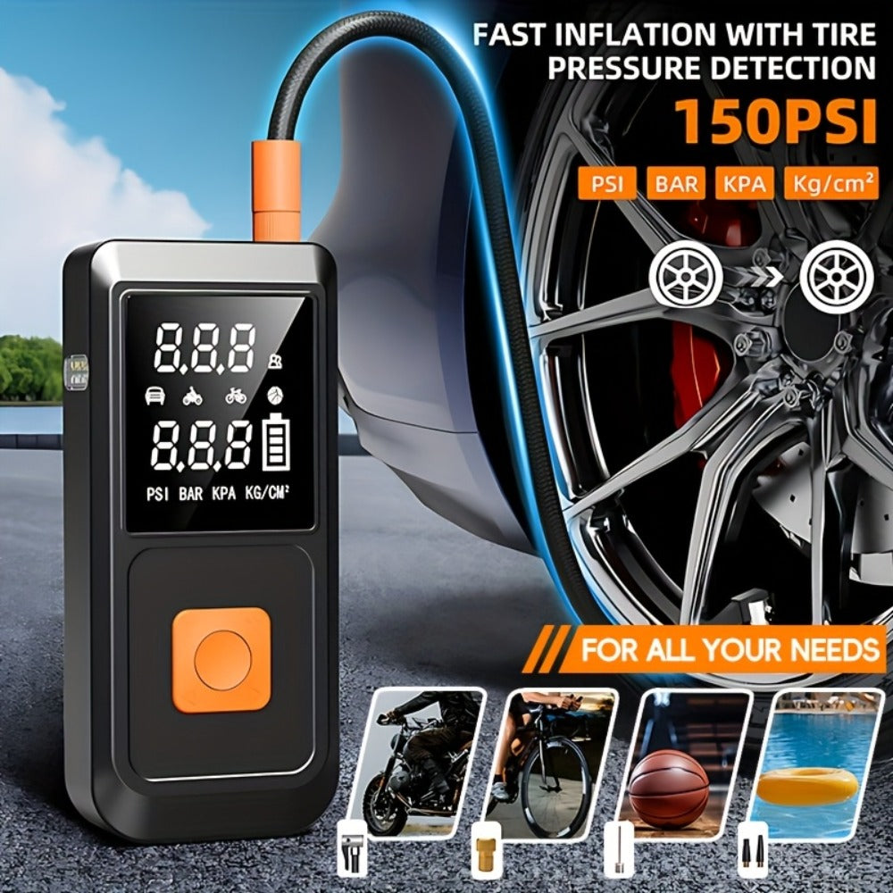 Portable Tire Inflator 150PSI 6000mAh – Digital Display Air Pump with USB Type-C Charging, Dual Safety Protection, LED Light for Car, Bike, Camping & Outdoor Emergency Use
