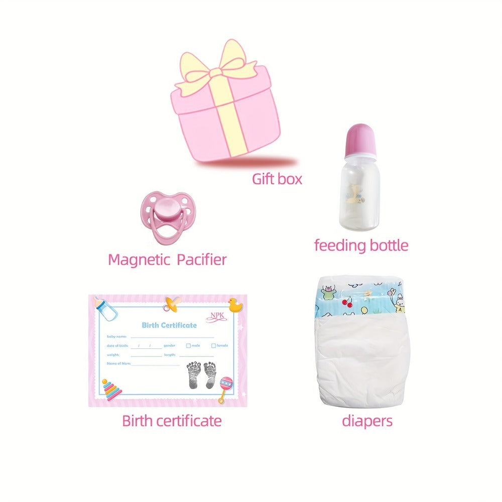 Pink Reborn Baby Doll 16 Inch 42CM Hand-Rooted Brown Hair Cloth Body – Hand-Painted Lifelike Newborn Girl Angie, Gift Set with Pacifier Feeding Container Birth Certificate for Kids Ages 3+ & Collectors
