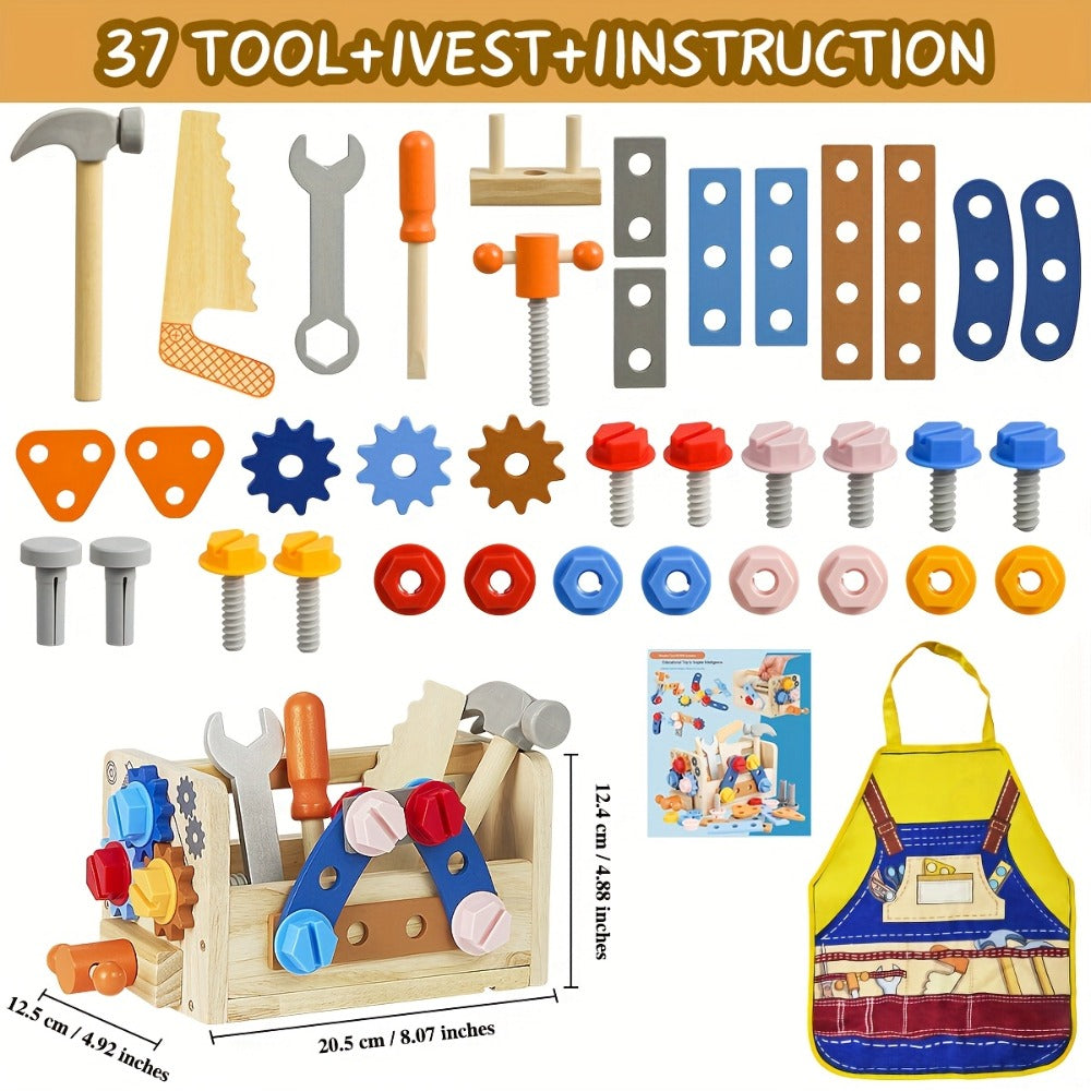 39-Piece Kids Wooden Tool Set with Toolbox & Vest – STEM Pretend Play Construction Toy for Toddlers Boys Girls Ages 3+, Hands-On Learning, Birthday Christmas Gift