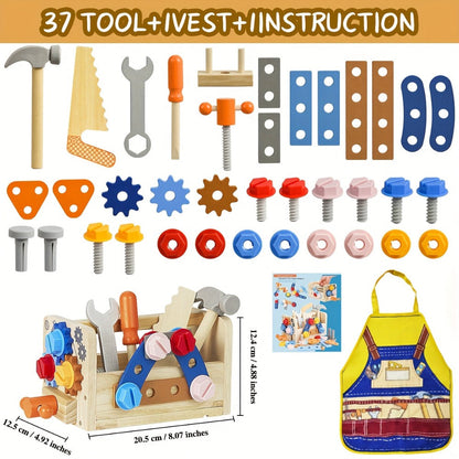 39-Piece Kids Wooden Tool Set with Toolbox & Vest – STEM Pretend Play Construction Toy for Toddlers Boys Girls Ages 3+, Hands-On Learning, Birthday Christmas Gift