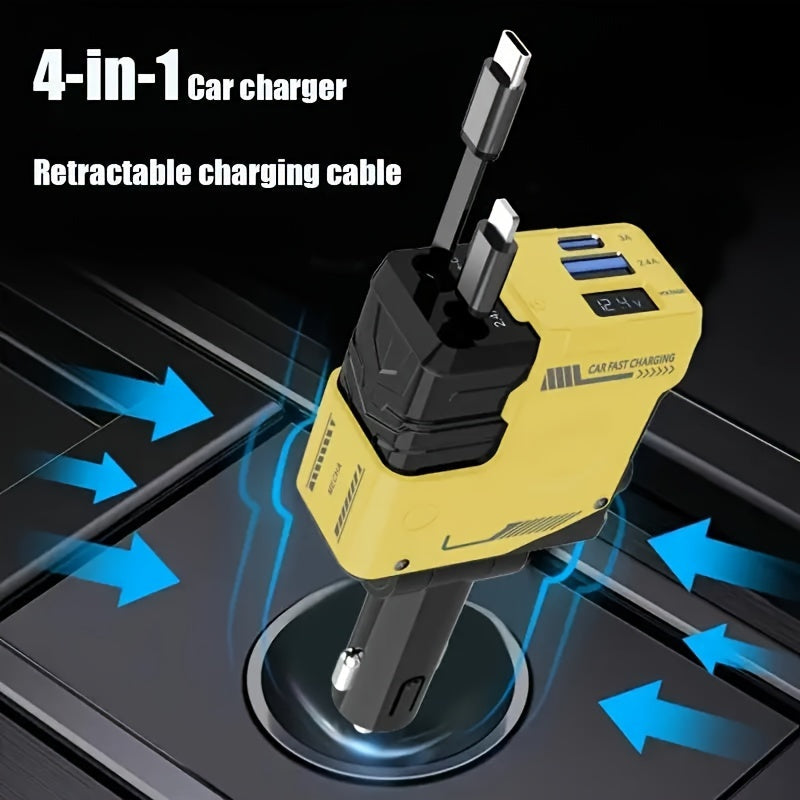 Mech Style Super Fast Car Charger, 4 In 1 Retractable Car Phone Charger 120W, Retractable Cables For Iphone And USB Car Charger, Compatible With for iphone 14/13/12/11, Galaxy, Pixel - For Ios And Android(Gift Magnetic Holders Included)