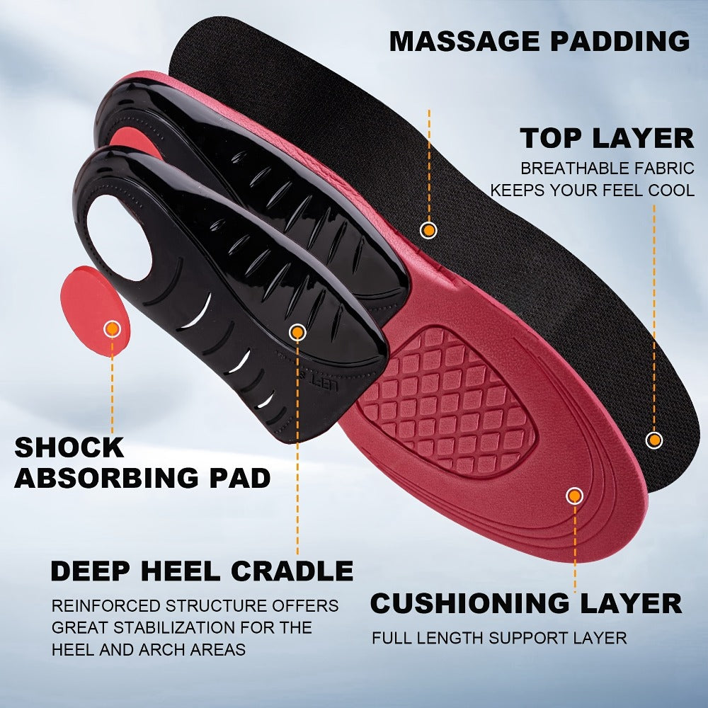 Athletic Insoles EVA Arch Support – Shock Absorbing, 210+ Lbs Load Capacity, Red & Black Design for Running, Hiking, Work Boots & Sneakers