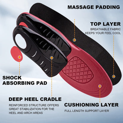 Athletic Insoles EVA Arch Support – Shock Absorbing, 210+ Lbs Load Capacity, Red & Black Design for Running, Hiking, Work Boots & Sneakers