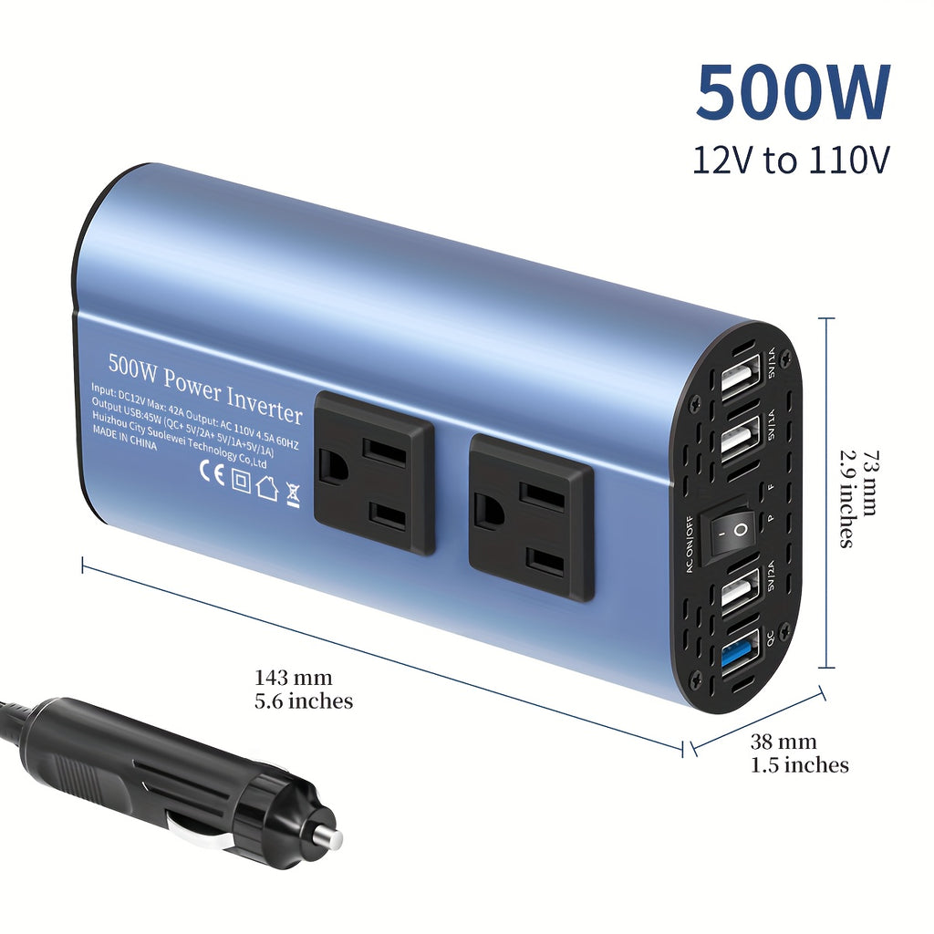 Halloween Christmas Gift, Car Power Inverter Charger Converter 500W (Peak) Power 12V Car Power Inverter, 4 USB Ports, Smart Fast Charging, Power Converter - Car Plug, Mobile Phone, US Socket