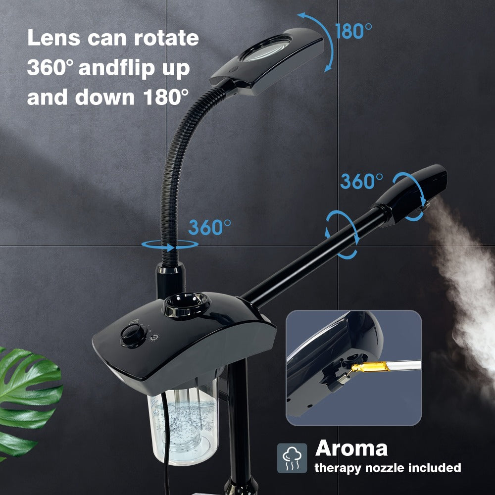 Facial Steamer with Ozone & 3X Magnifying Lamp — 2-in-1 Professional Wheeled Spa Steamer, Timer Preset, Home Face Sauna, Deep Pore Cleansing Skin Care Beauty Device for Women