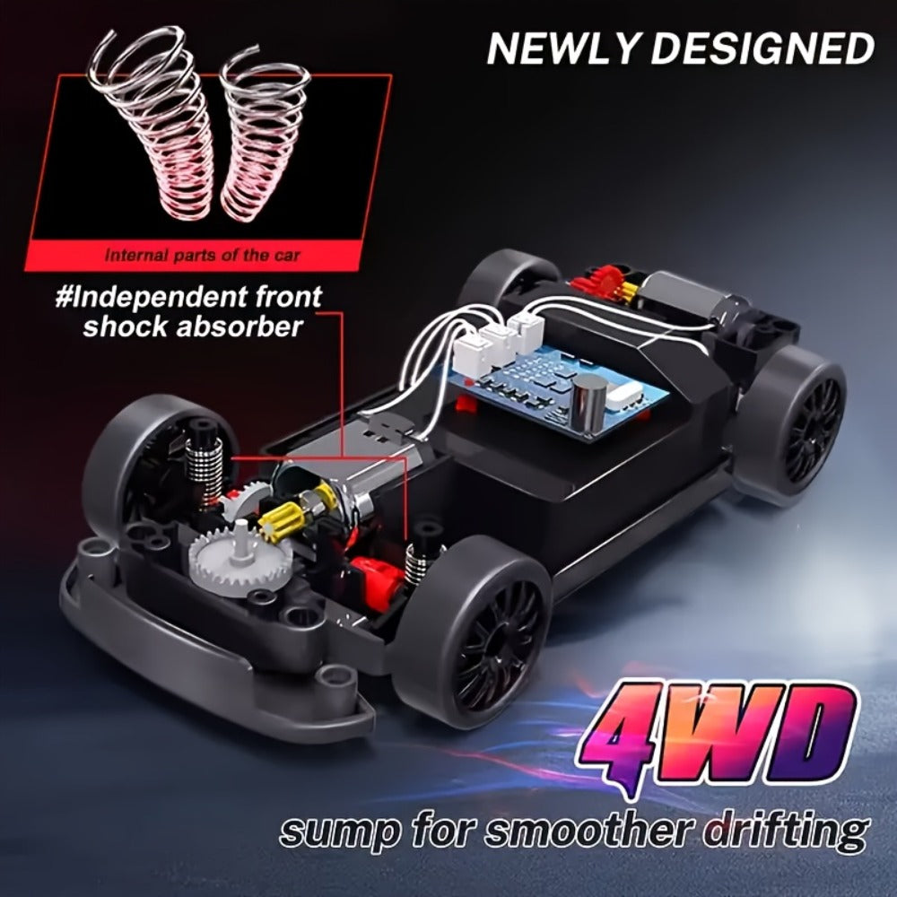 Alloy RC Drift Car 1:24 Scale 4WD 28KM/H with Drift Tires LED Lights Barricades & 2 Batteries – BSJ Crash-Resistant Remote Control Racing Car for Boys Girls Ages 6+ Birthday Christmas Gift Black Yellow