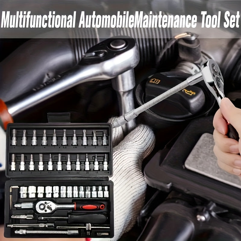 High-end Professional 43+3/44+2/51+1pc Of Tools, Car/icycle Repair Mechanical Set, Including 1/2 Inch 1/4 Inch 3/8 Inch Ratchet Socket Hex Wrench And Other Car Repair Accessories Tool Set, Suitable for Car Level Car Parts Repair.