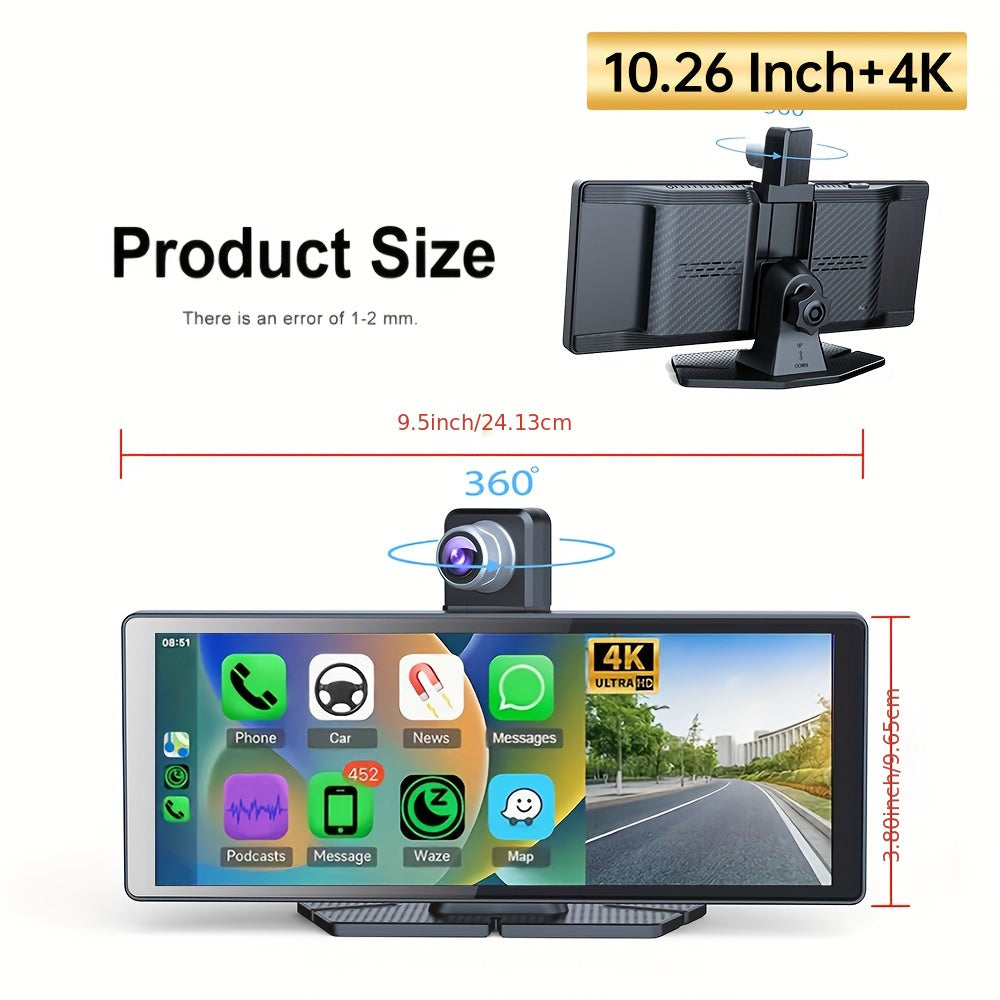 Cinandrow Wireless Carplay Touchscreen With 4K Dash Cam, 10.26" Portable Apple Carplay & Android Auto Car Stereo, Carplay Screen With 2160p Backup Camera, GPS Navigation/Mirror Link/Voice Control/Bt