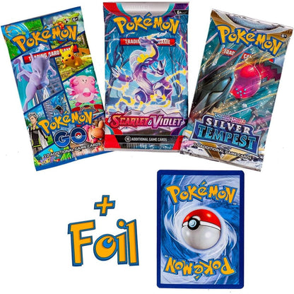 Pokemon TCG 3 Pack Booster Bundle with Foil Card – 3 Random Packs + 1 Individually Packed Foil Card | Pokemon Trainer Energy Cards | Surprise Gift for Players & Collectors of All Ages