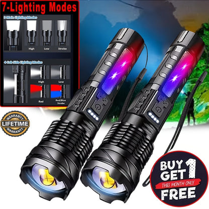 COB LED Flashlight Rechargeable – LED + COB Dual Light Source, Adjustable Floodlight, USB Rechargeable 1500mAh, Buy 1 Get 1 Free, Waterproof Torch for Camping, Fishing, Hunting & Emergency, Great Father’s Day Gift