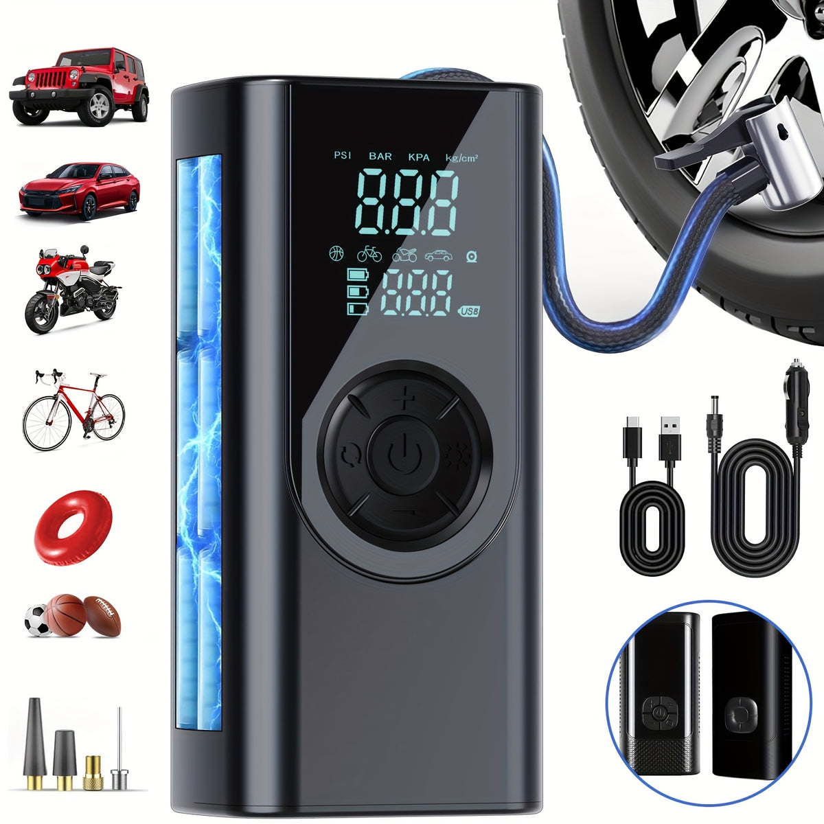 Portable Tire Inflator Pump with Digital Pressure Gauge - USB Rechargeable Air Compressor for Cars, Motorcycles, SUVs, Bikes, And Sports Balls - Large Capacity Battery Battery, LED Light, And USB Charging
