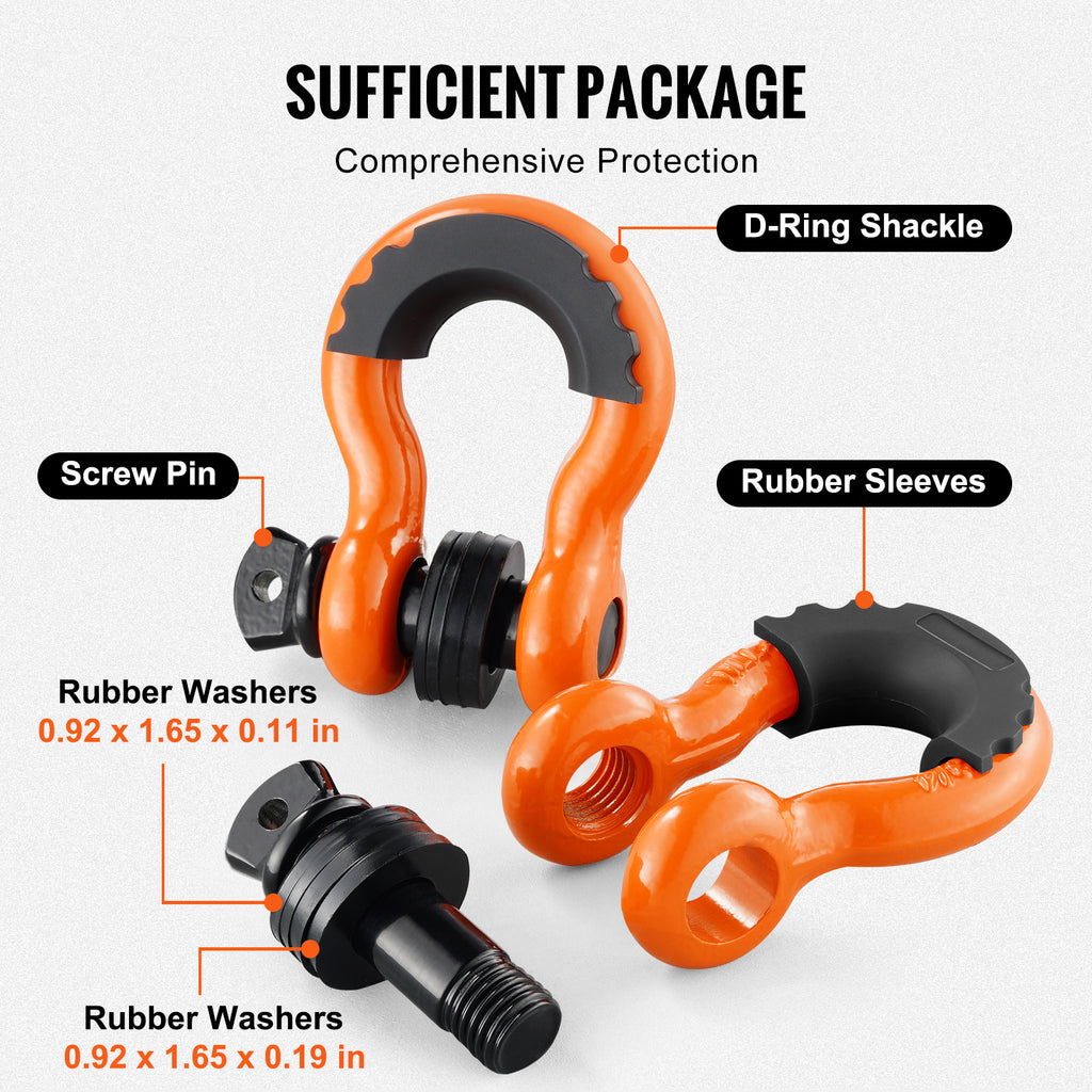 VEVOR 3/4" D-Ring Shackle, 2 Pack Alloy Steel Shackles 62832 lbs (28.5 Ton) Break Strength with 7/8" Screw Pin, Isolators & Washers, Heavy Duty Off Road Vehicle Recovery Shackle for Jeep Truck,Orange/Black/Red