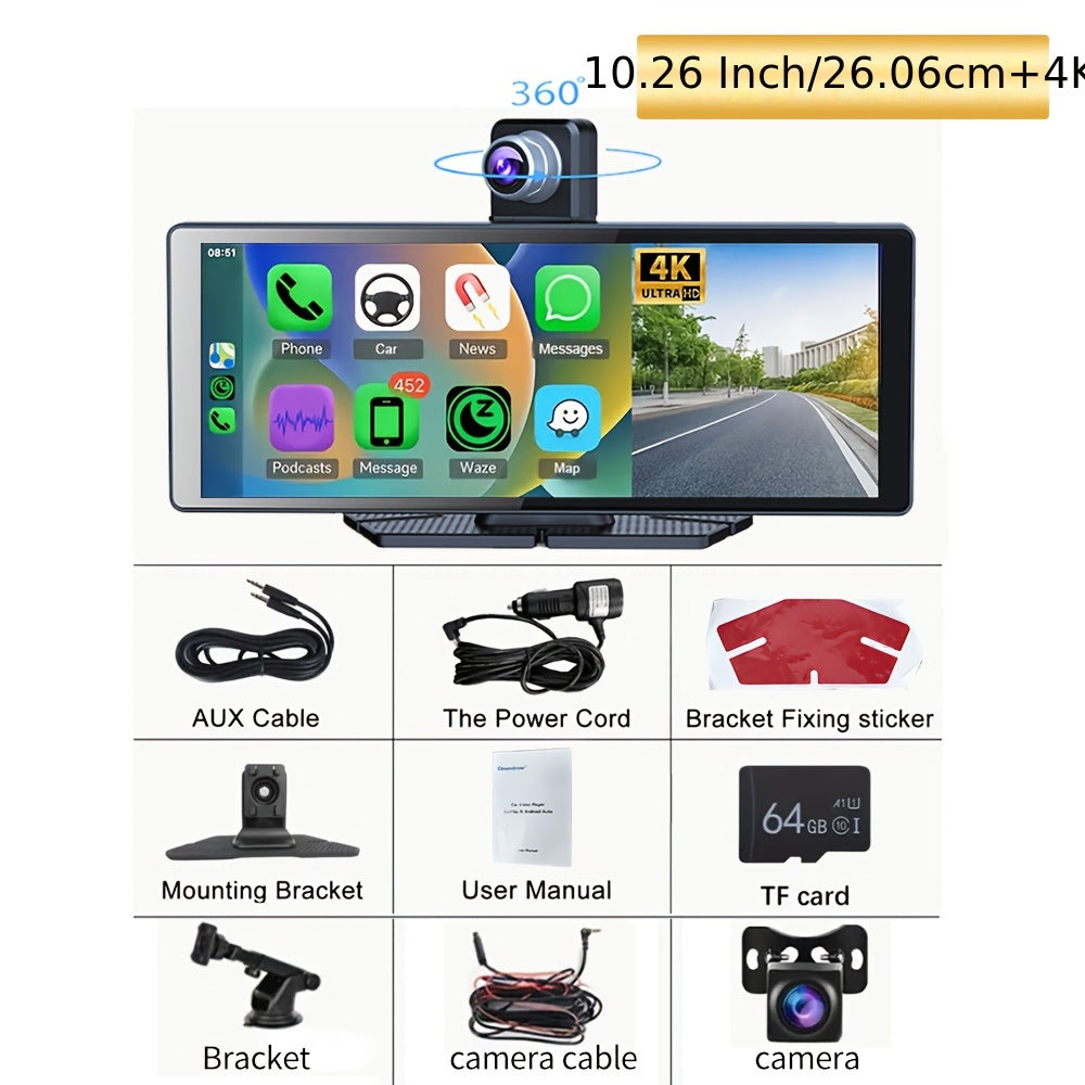 Cinandrow Wireless Carplay Touchscreen With 4K Dash Cam, 10.26" Portable Apple Carplay & Android Auto Car Stereo, Carplay Screen With 2160p Backup Camera, GPS Navigation/Mirror Link/Voice Control/Bt