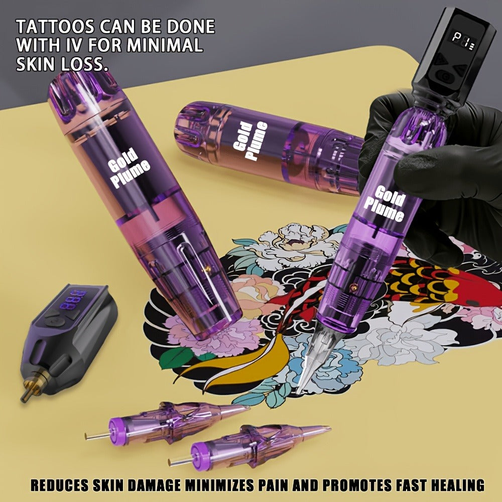 Wireless Tattoo Gun Kit Complete Set 1500mAh Battery 10 Needles 7 Inks – Cordless Rotary Tattoo Machine for Beginners & Professional Artists Home Studio Goldplume TM-73