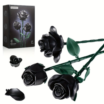 Black Rose Building Blocks Set 152 Pieces – 3 Gothic Artificial Flower Bouquet Brick Model Kit for Adults Teens, Unique Display Decor Gift for Valentine Birthday Anniversary Halloween Christmas
