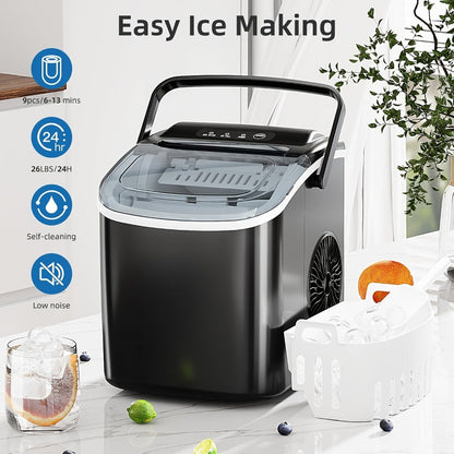 Countertop Bullet Ice Maker 26lbs/24H, 9 Bullet Ice Cubes in 6 Mins, 2 Sizes, Self-Cleaning Portable Ice Machine with Handle Ice Basket & Scoop, for Home Kitchen RV Camping