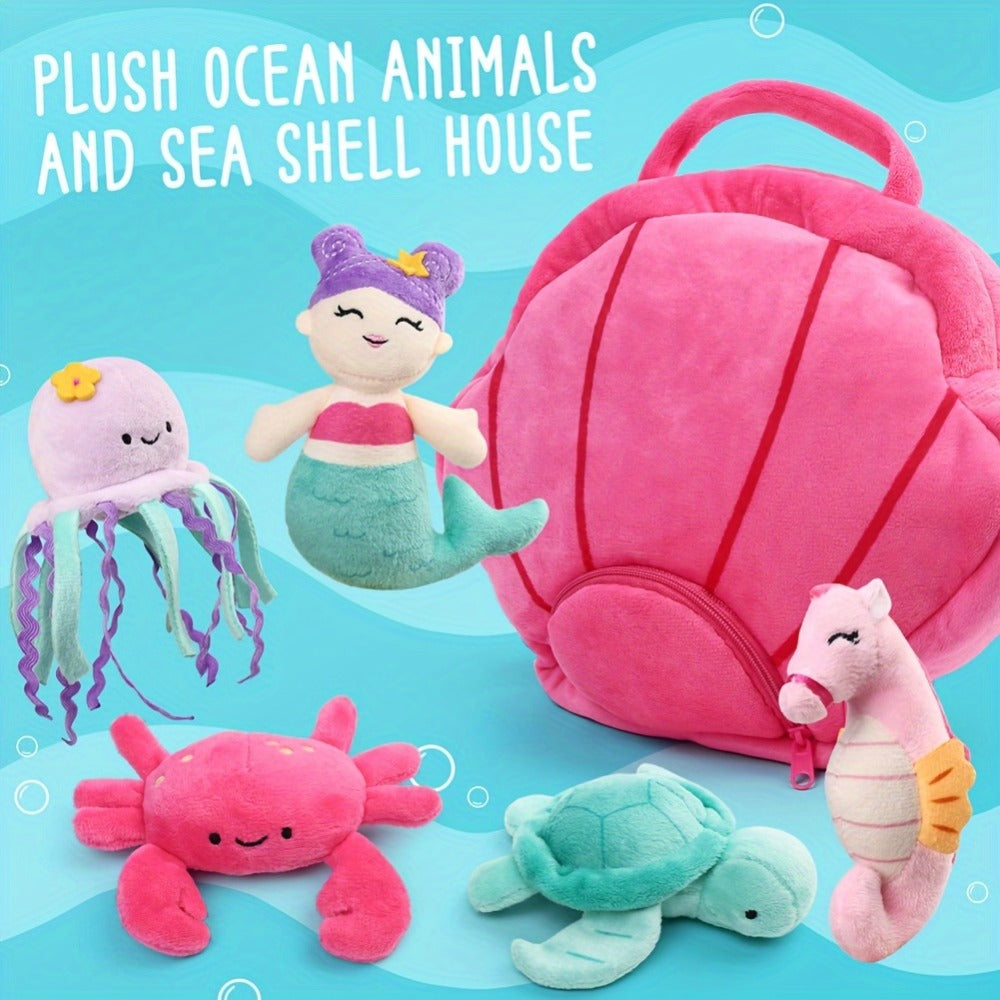 Ocean Stuffed Animal Set 5 Piece — Mermaid Turtle Octopus Seahorse Crab Sea Creature Plush Toys with Pink Shell Carrying Bag for Kids Toddlers Girls Boys | Birthday Christmas Baby Shower Gift