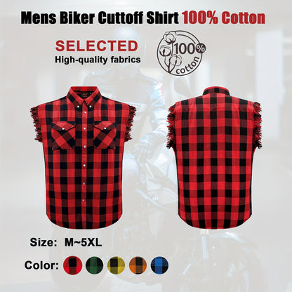 Men's Casual Sleeveless Plaid Cotton Shirt - All-Season Comfort, Classic Checkered Pattern, Single-Breasted Button-Up with Fringe Hem, Regular Fit for Streetwear, Beach & Vacation, Beach Attire, Streetstyle Apparel