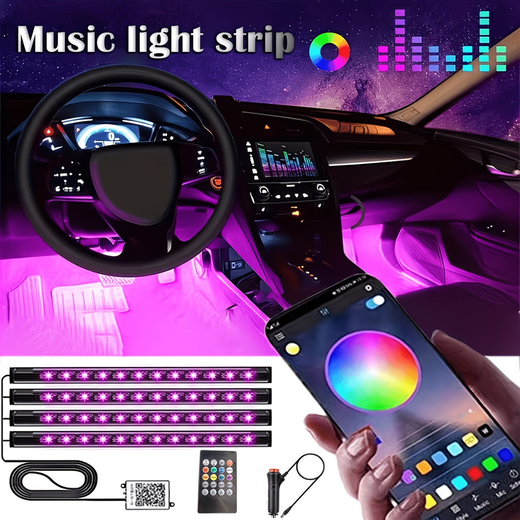 RGB Car Interior Bluetooth USB Light Strip with Wireless Remote And APP Control, 4pcs Dashboard Foot Mood Light Kit, Music Mode, Suitable for Vehicle Interior, SUV, Truck