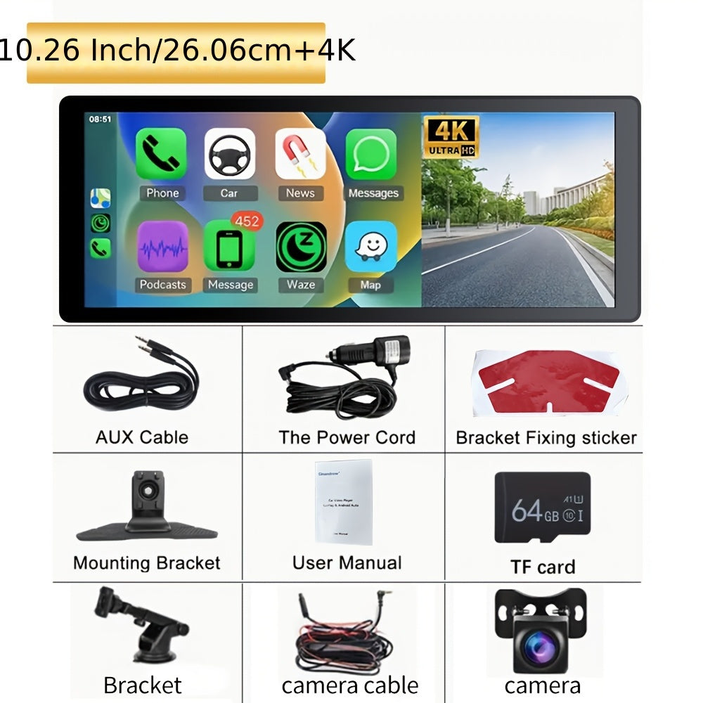 Cinandrow Wireless Carplay Touchscreen With 4K Dash Cam, 10.26" Portable Apple Carplay & Android Auto Car Stereo, Carplay Screen With 2160p Backup Camera, GPS Navigation/Mirror Link/Voice Control/Bt