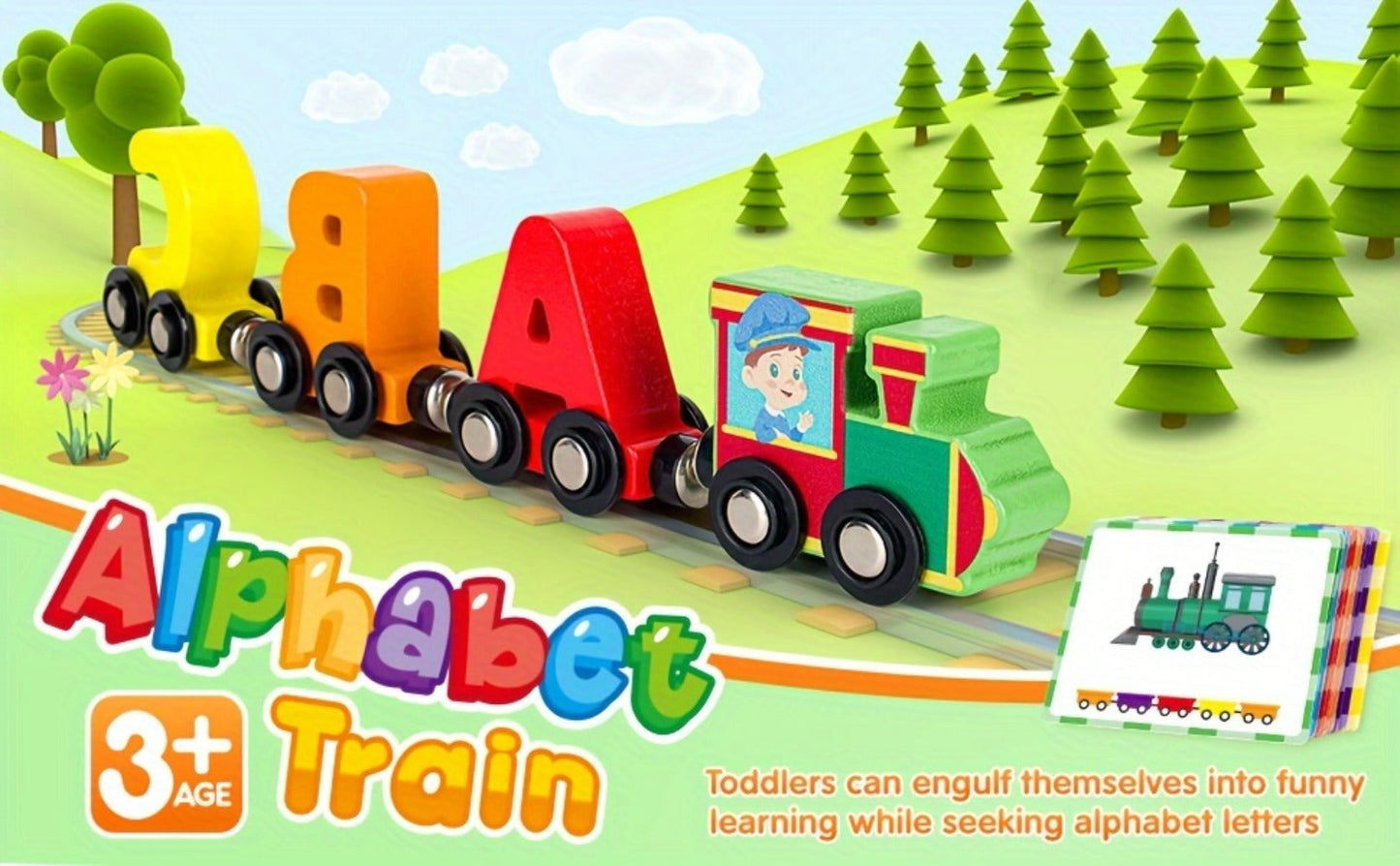 Magnetic Wooden Alphabet Train Set 27PCS ABC Letter Learning Toy with 42 Double-Sided Flash Cards, Engine & Storage Bag – Educational STEM Gift for Boys & Girls Ages 3-6