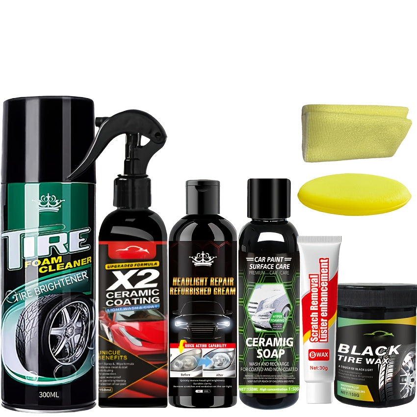 Yixingjia Automotive Maintenance 6pcs/Set, Tire Polish, Oil Film Cleaner, Car Cleaning Solution, Plastic Care Paste, Holiday Gift Pack, Cleaning Agent, Multi-Purpose for Plastic Retreading