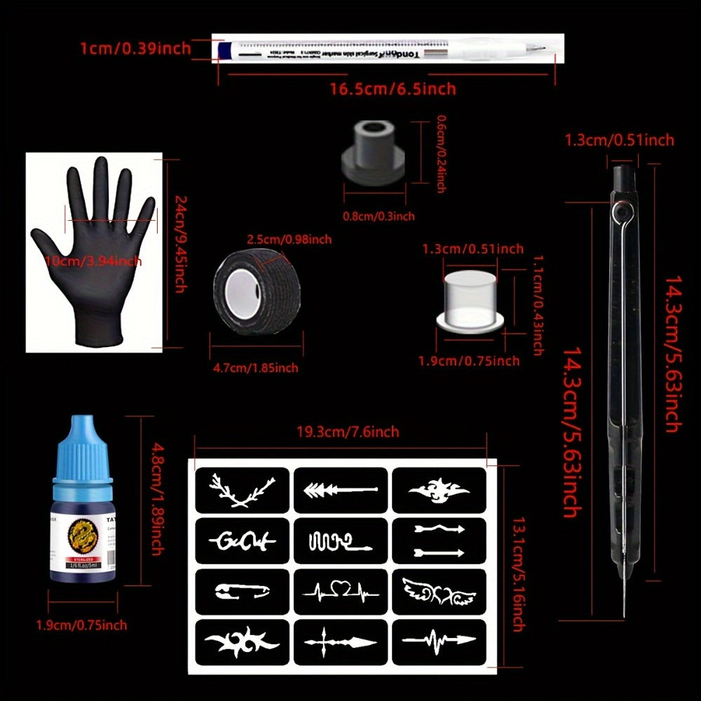 Stick and Poke Tattoo Kit - DIY Manual Tattoo Pen Hand Tool Set with 7 Color Inks, Needles, Bandage & 2 Hollow Stencil Templates for Tattoo Artists & Beginners Home Use