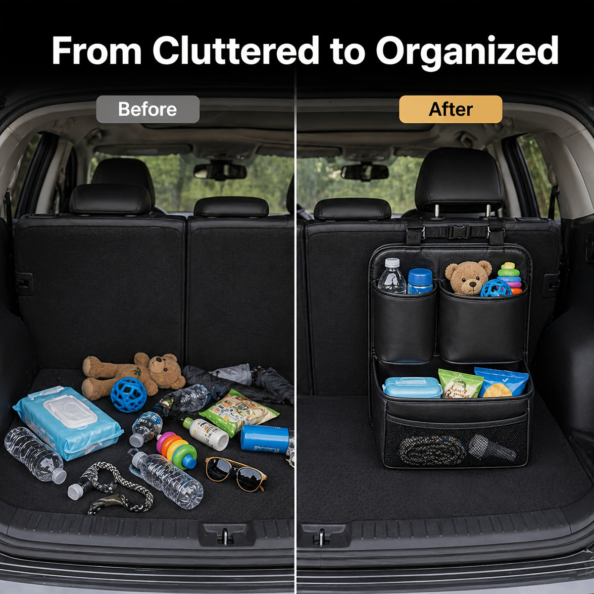QIANKUNBAG Premium PU Leather Car Organizer Trunk Organizer with Multi-Pocket Storage, Adjustable Straps & Bottle Slots - Versatile Automobile Accessories for Organization And Travel