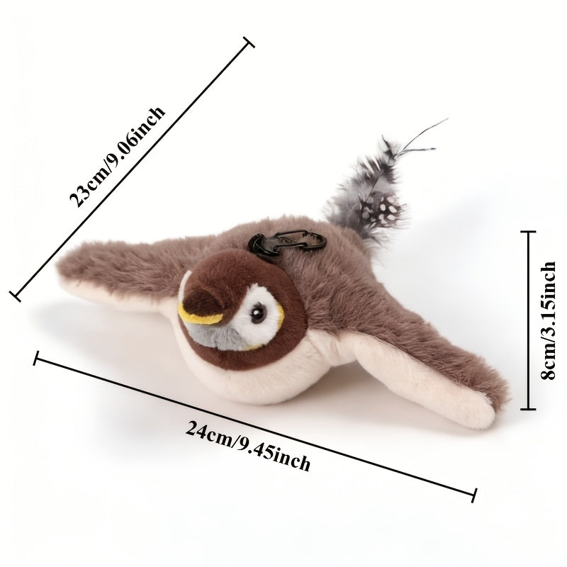 Flying Sparrow Cat Toy with Flapping Wings & Chirping Sound - USB Rechargeable Plush Bird Cat Toy, Touch-Start Interactive Feather Toy for Indoor Cats, Realistic Bird Motion & Calls