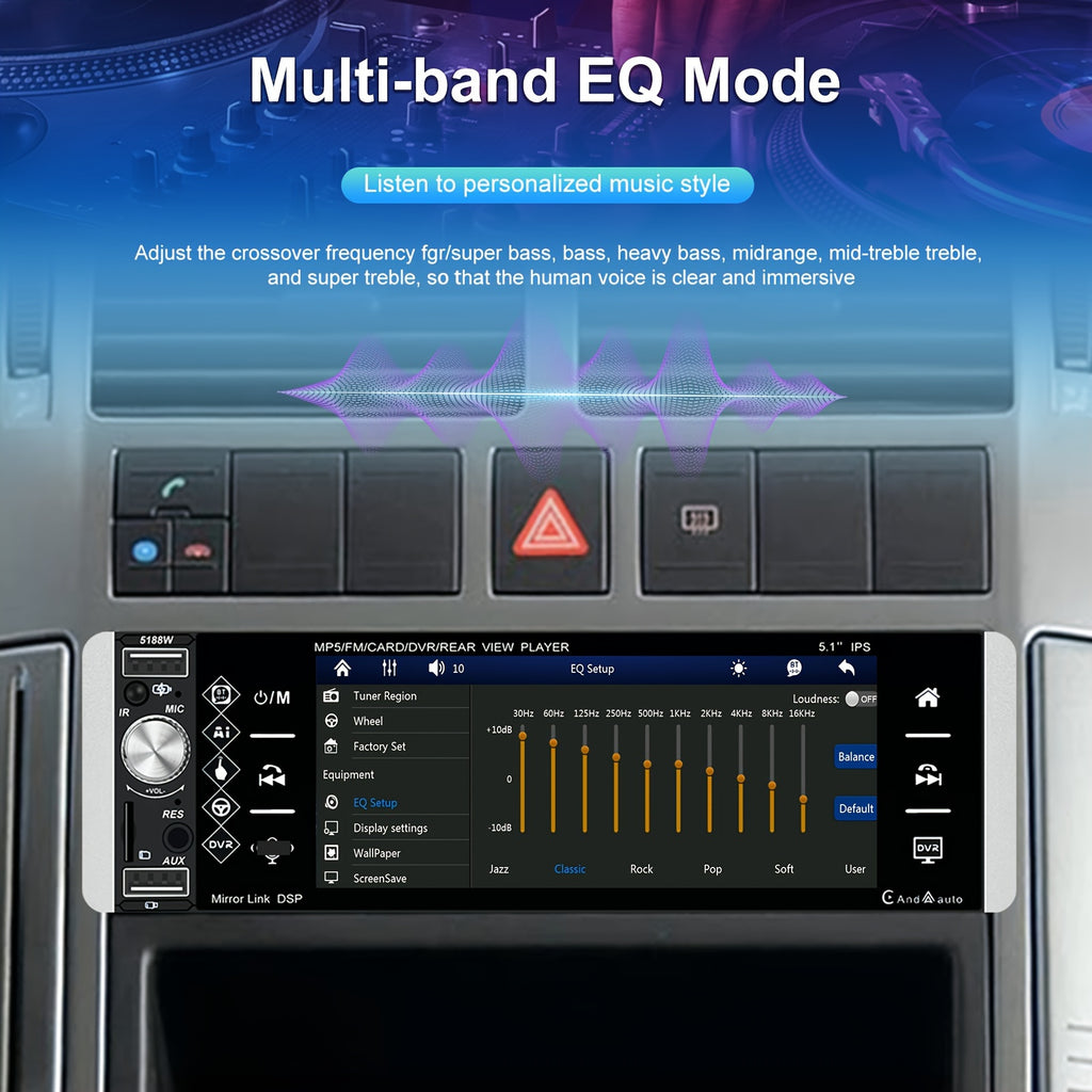5.1 Inch Wireless Carplayer Car Stereo Single Din Touch Screen Car Radio with Wireless, Wireless Android Auto Mirror Link AM FM EQ SWC, Car Audio Receiver with USB/TF/AUX-in, Mic, Backup Cam