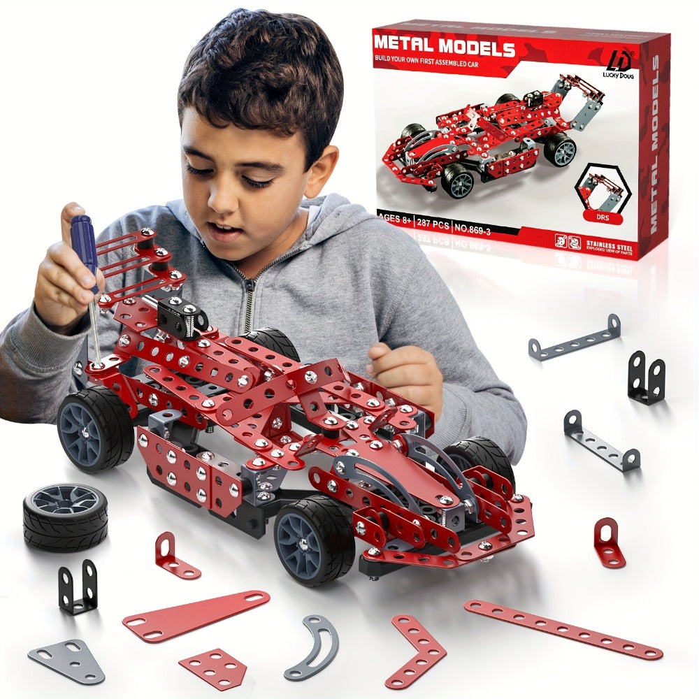 STEM Building Kit Model Car 283-287 Pcs Motorized Assembly Vehicle Toy with All-Terrain Tires & Openable Hood – Construction Toy for Boys Kids Ages 6+, Birthday Christmas Gift Red Green