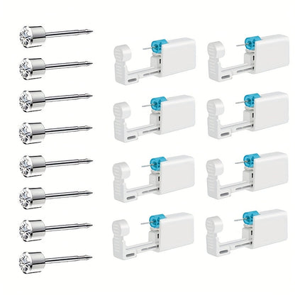 Disposable Ear Piercing Gun Set 8pcs - Stainless Steel Ear Stud Piercing Tool Kit, Safe Portable Self-Piercing Device with Hypoallergenic Earrings for Home Use, Silver & Gold