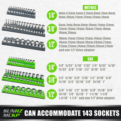 SUNHZMCKP Magnetic Socket Organizer Set 6pcs, Socket Tool Holder Includes 1/4", 3/8", 1/2" Metric & SAE Socket Holders for Tool Box Drawer, Holds 143pcs Standard And Deep Size Sockets, Fine Father's Day Gifts.
