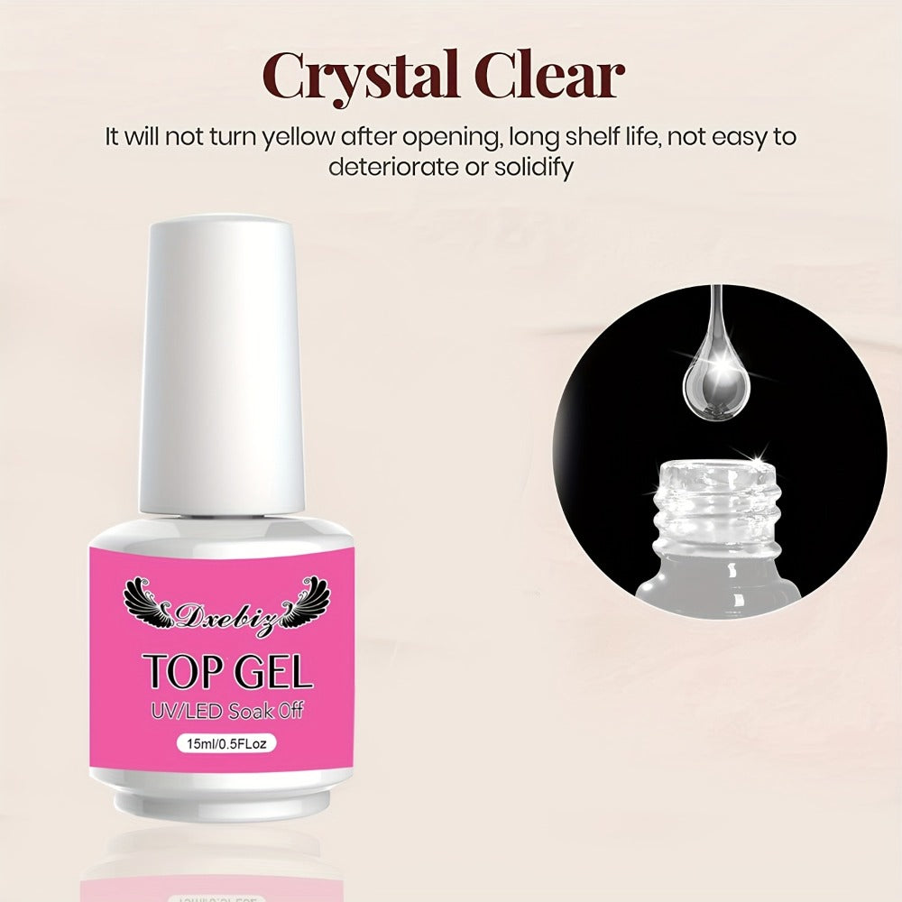 Gel Nail Base & Top Coat Kit 3pcs No-Wipe Glossy & Matte Top Coat + Base Gel — Long-Lasting Soak-Off LED Salon Nail Art Complete System 0.51oz Each for Home & Salon