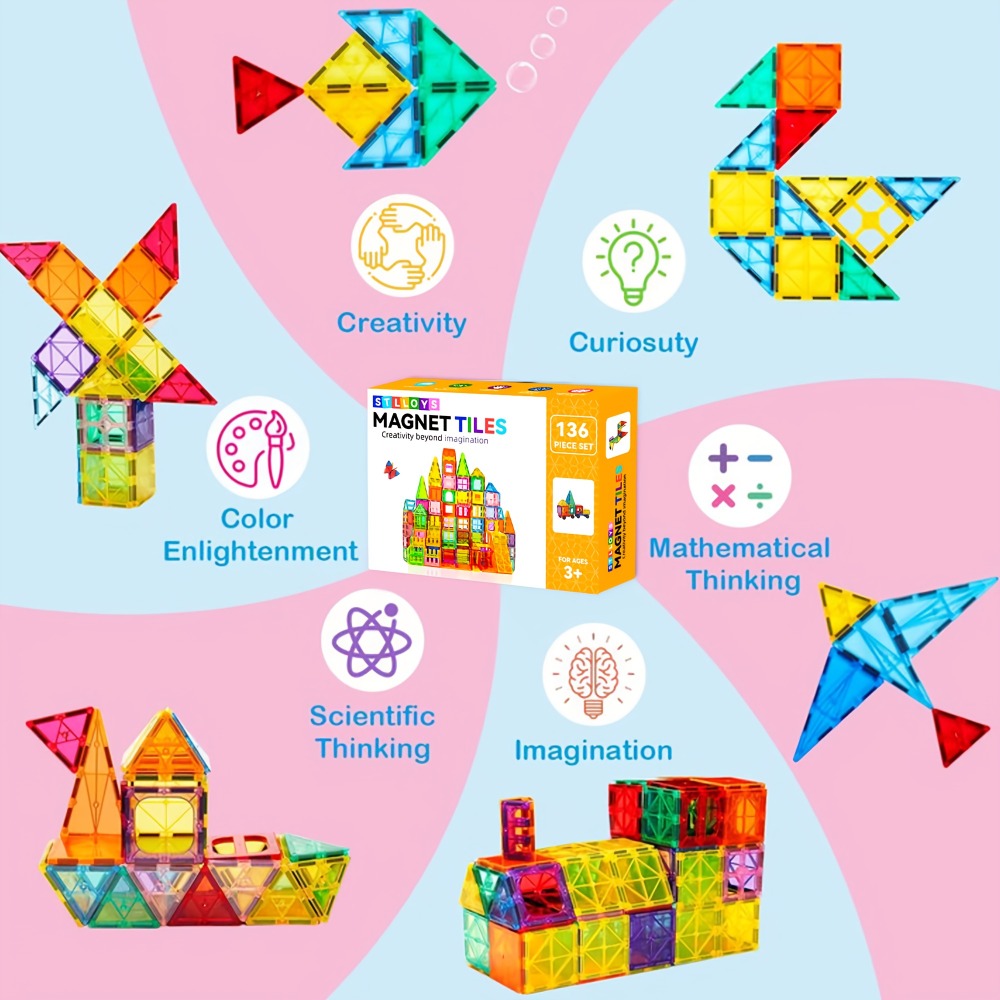 Magnetic Tiles Building Set for Kids 3 4 5 6 7 8 – 80 106 136 205pcs Clear 3D Magnet Building Blocks STEM Educational Toy Child-Safe ABS Creative Birthday Christmas Gift Boys Girls