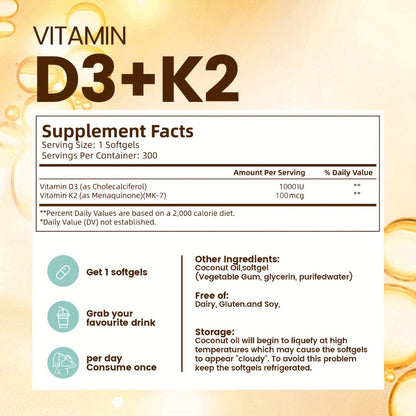 Vitamin D3 K2 Softgels with Coconut Oil – 2-in-1 Premium Bone, Heart & Immune Support Formula for Women & Men | Easy-to-Swallow | 300 Softgels per Pack