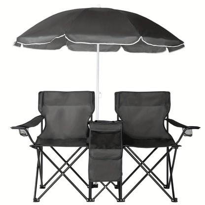 Portable Folding Chair with Removable Sun Umbrella - 2-Seat Outdoor Foldable Chair, Steel Frame Oxford Fabric, Lightweight Sun Shade Seat for Fishing Beach Camping Sunbathing Outdoor Activities