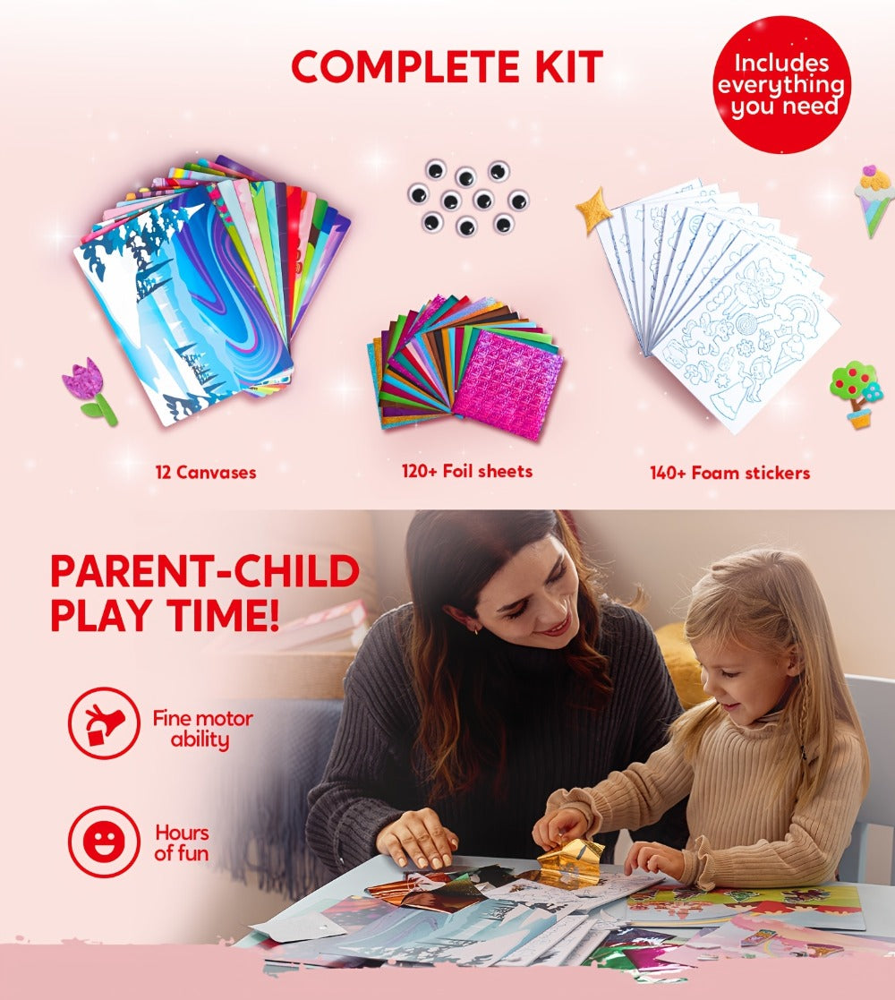 Foil Art Kit for Girls 10 Canvases 120 Colorful Foil Sheets 140+ Foam Stickers – Mess-Free Glue-Free Unicorn Princess Fairy Craft, Birthday Gift for Kids Ages 4 5 6 7 8