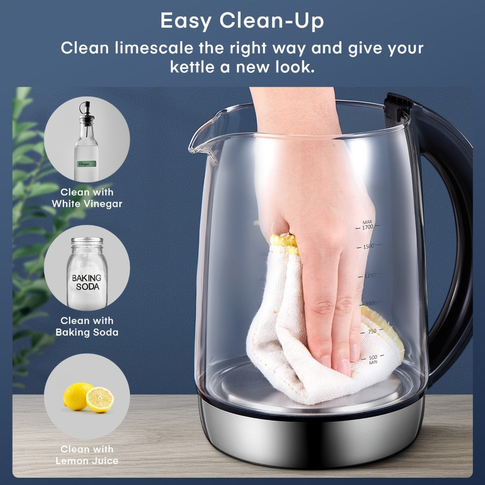 Electric Tea Kettle with 9 Temperature Control Presets – 1.7L Borosilicate Glass Kettle, 1200W, Removable Infuser, 2-Hour Keep Warm, Stainless Steel Hot Water & Tea Pot for Home & Office