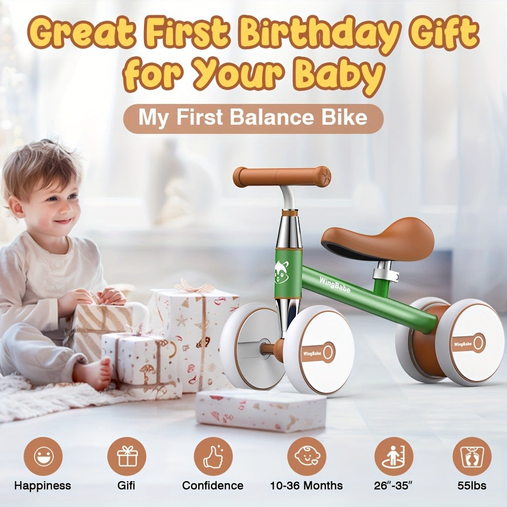 4 Wheel Balance Bike for Baby Toddlers 10-36 Months – Lightweight First Bike with Adjustable Seat, 90° Steering Limit & Silent Anti-Slip Tires | Best 1st Birthday Gift for Boys and Girls